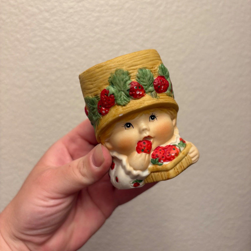 VTG as is 1980 Jasco Sweet Keepers Bisque Porcelain Strawberry Girl Figurine Cup